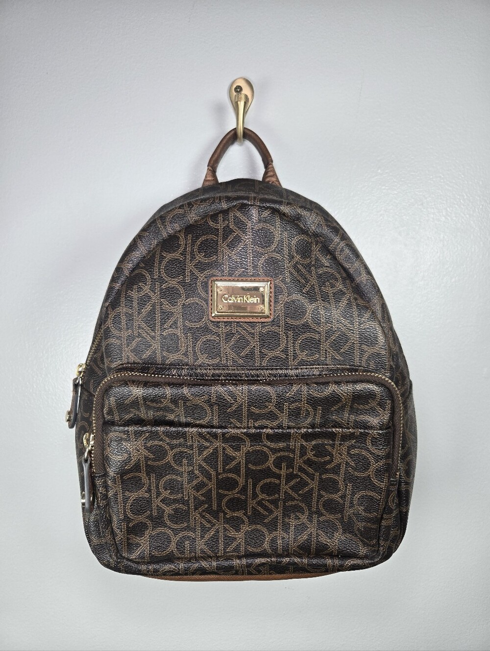 Y2K Calvin Klein Brown Monogram Backpack with Gold Hardware